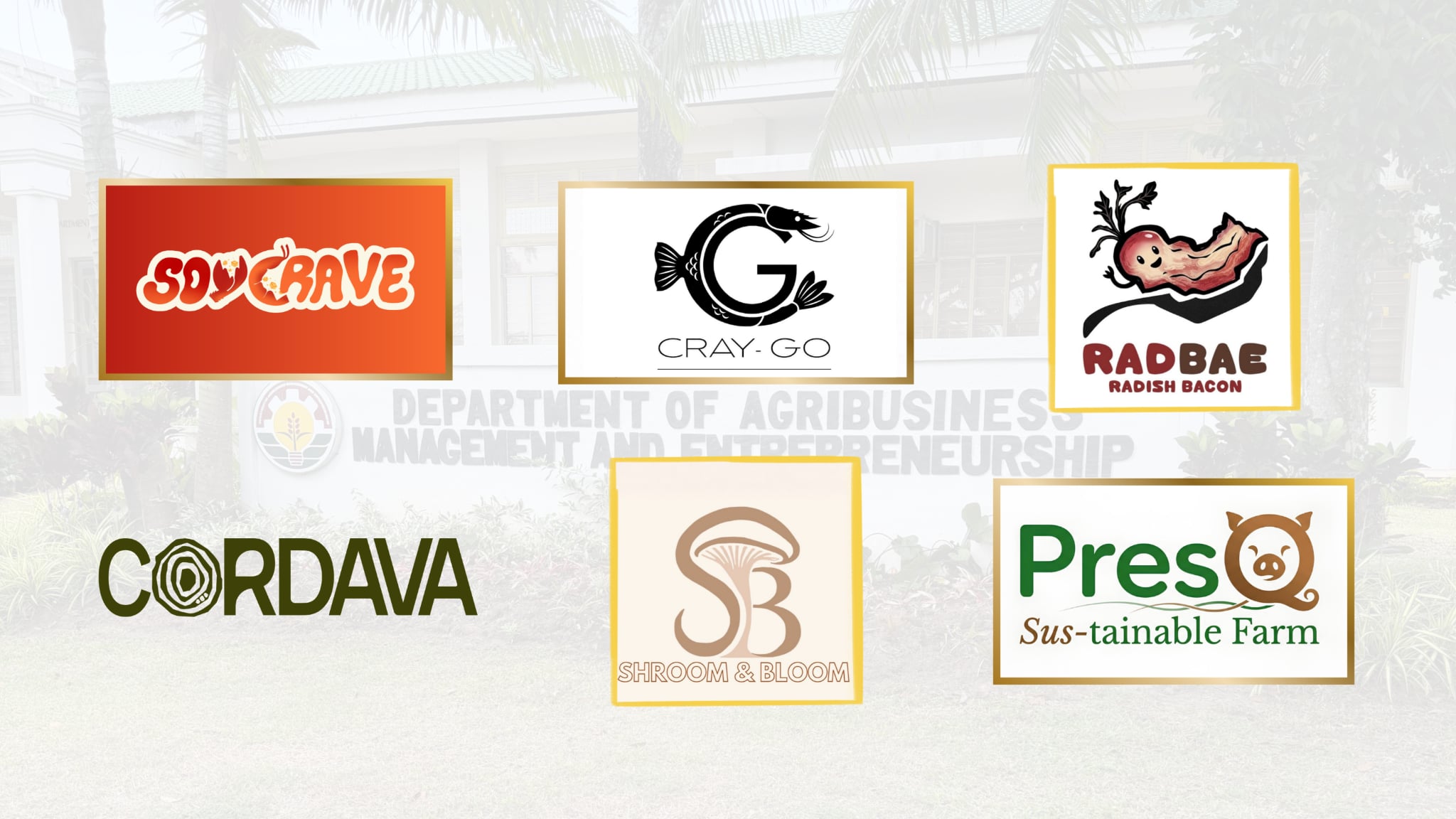 Logos of the six Young Farmers’ Challenge 2026 Region IV-A provincial winning enterprises: SoYCrave, CRAY-GO, RadBae, Cordava, Shroom & Bloom, and PresQ Sus-tainable Farm.